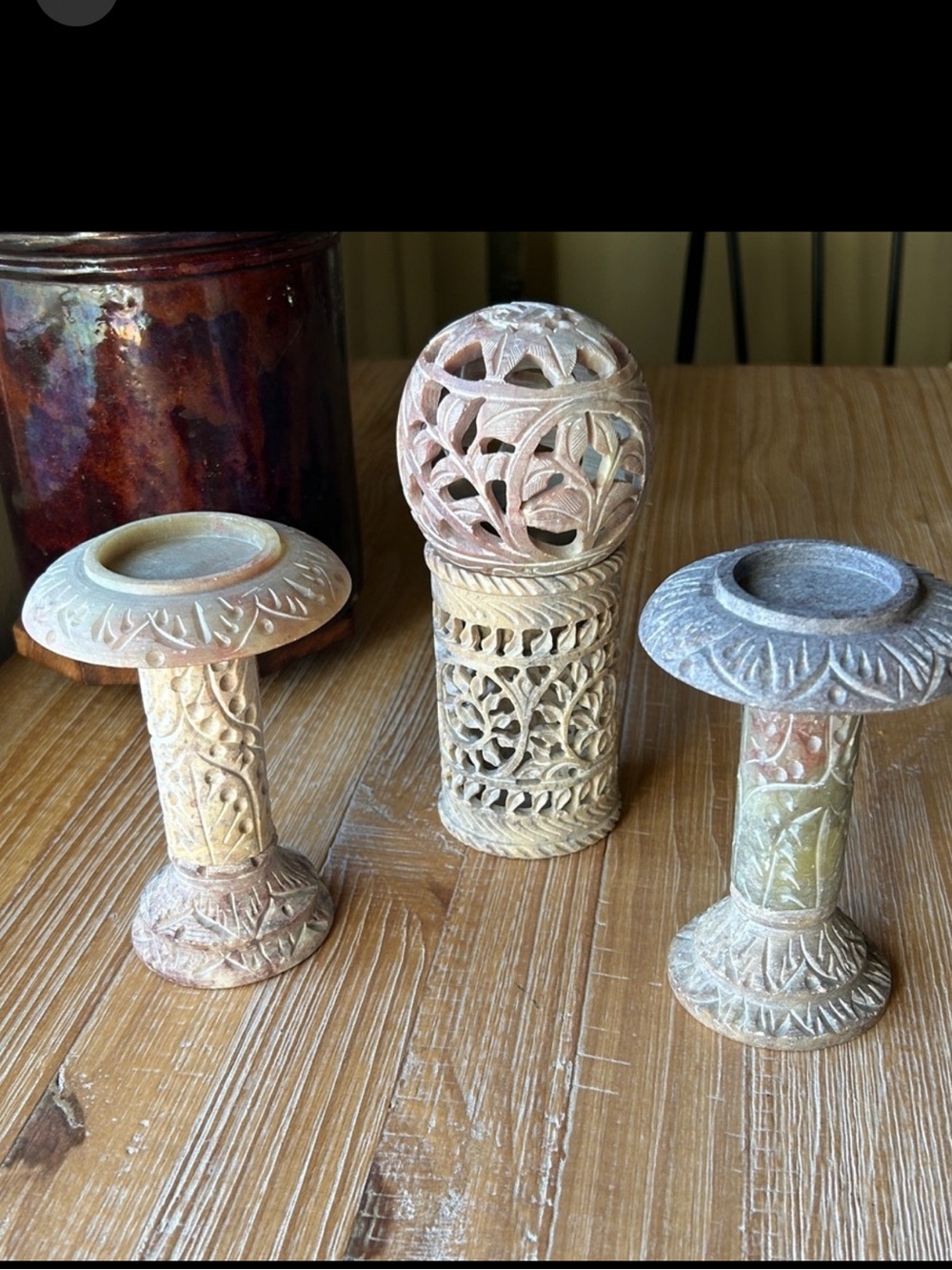4 Carved Agra Stone Candlestick & 2 Tea Light Holders.